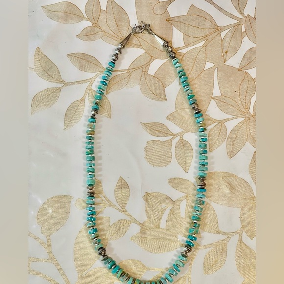 Sterling NAVAJO Pearl Graduated Turquoise Bench Beads Necklace VTG Silver 20" - Picture 6 of 9